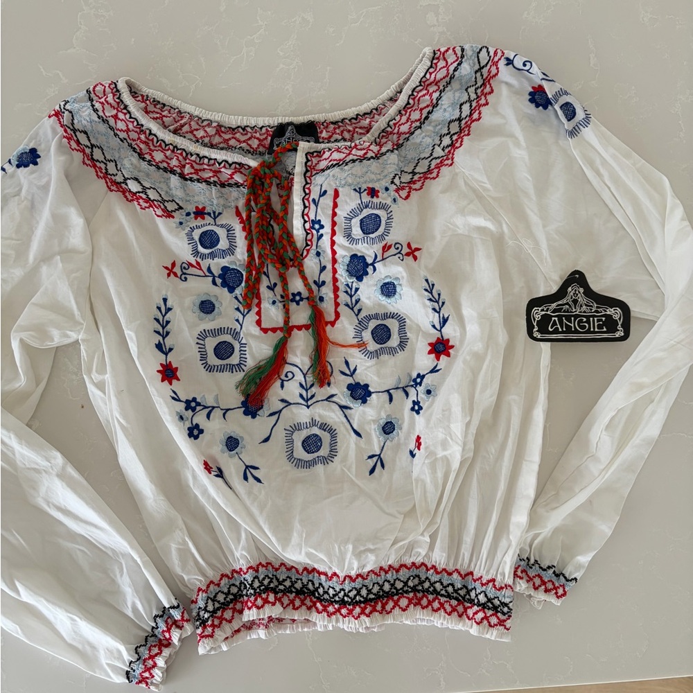 Angie White Peasant Blouse with Blue & Red Embroidery